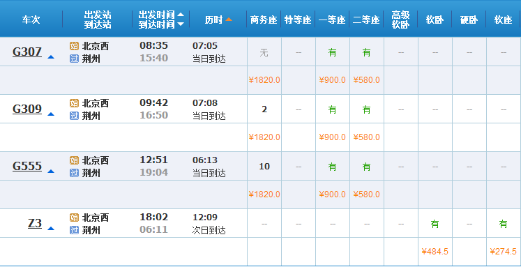 从北京西站到荆州站明天几点钟一趟要多少钱了、