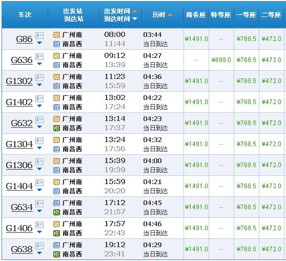 广州南到江西高铁票价