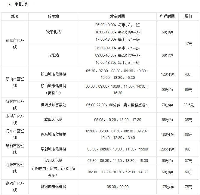 沈阳机场长途大巴,沈阳北站到桃仙机场大巴时刻表