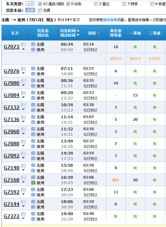 无锡火车站东站乖动车到安嶶池洲站的时间和价格是多