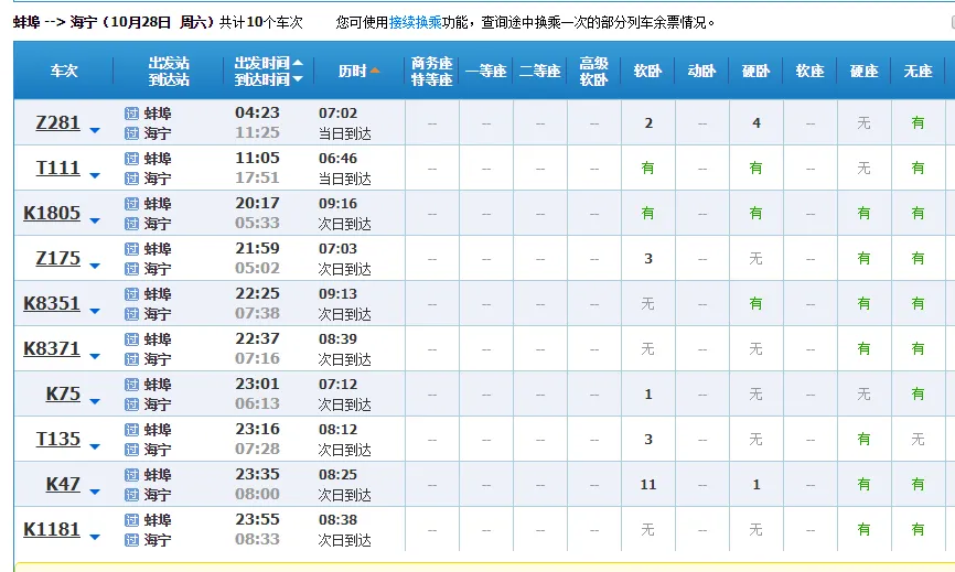 蚌埠南站到海宁西的高铁!三十号有吗