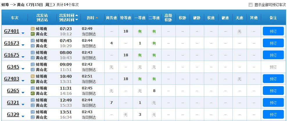 蚌埠到黄山特快火车上午几班